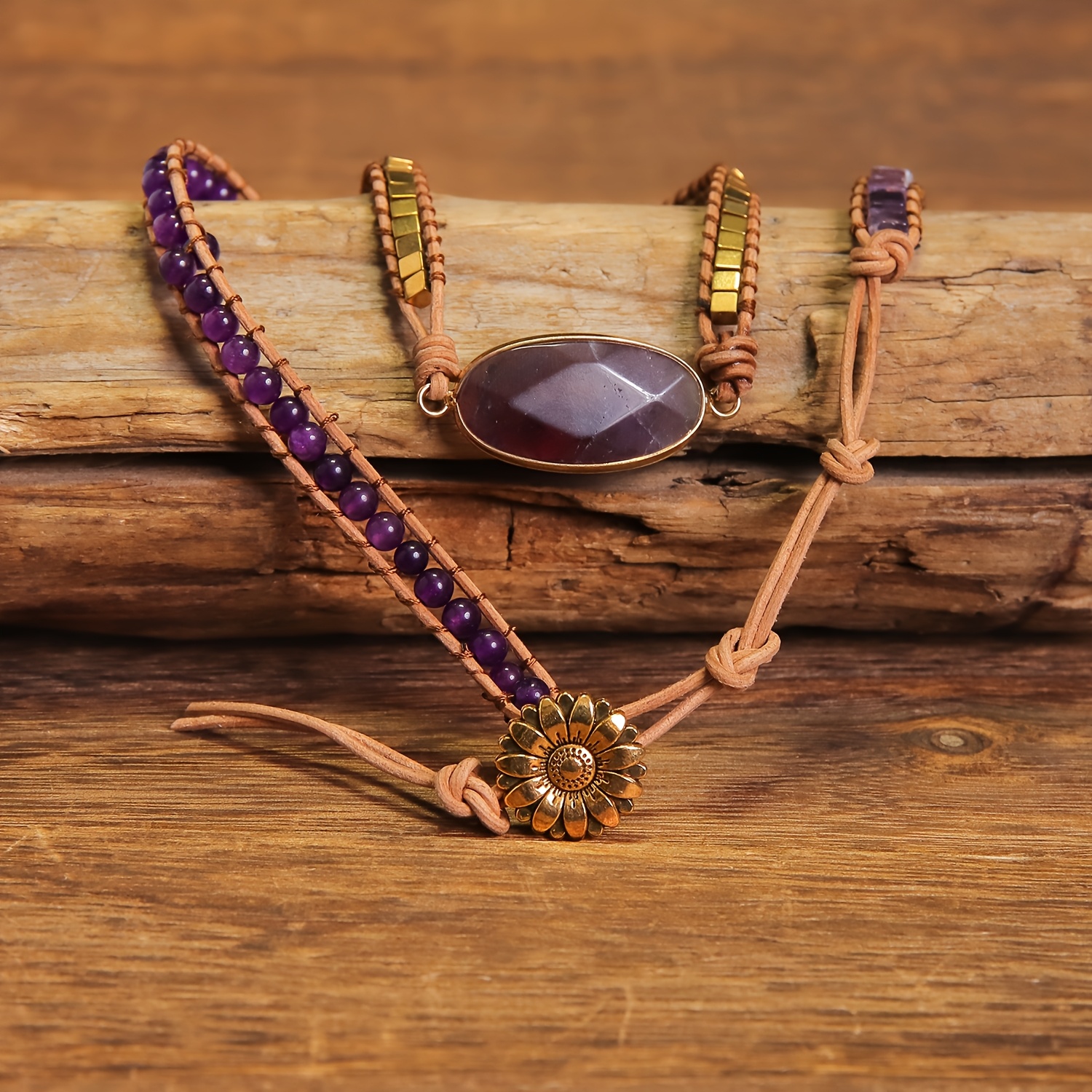 Multi-Layer Amethyst Bead Wrap Bracelet with Oval Pendant